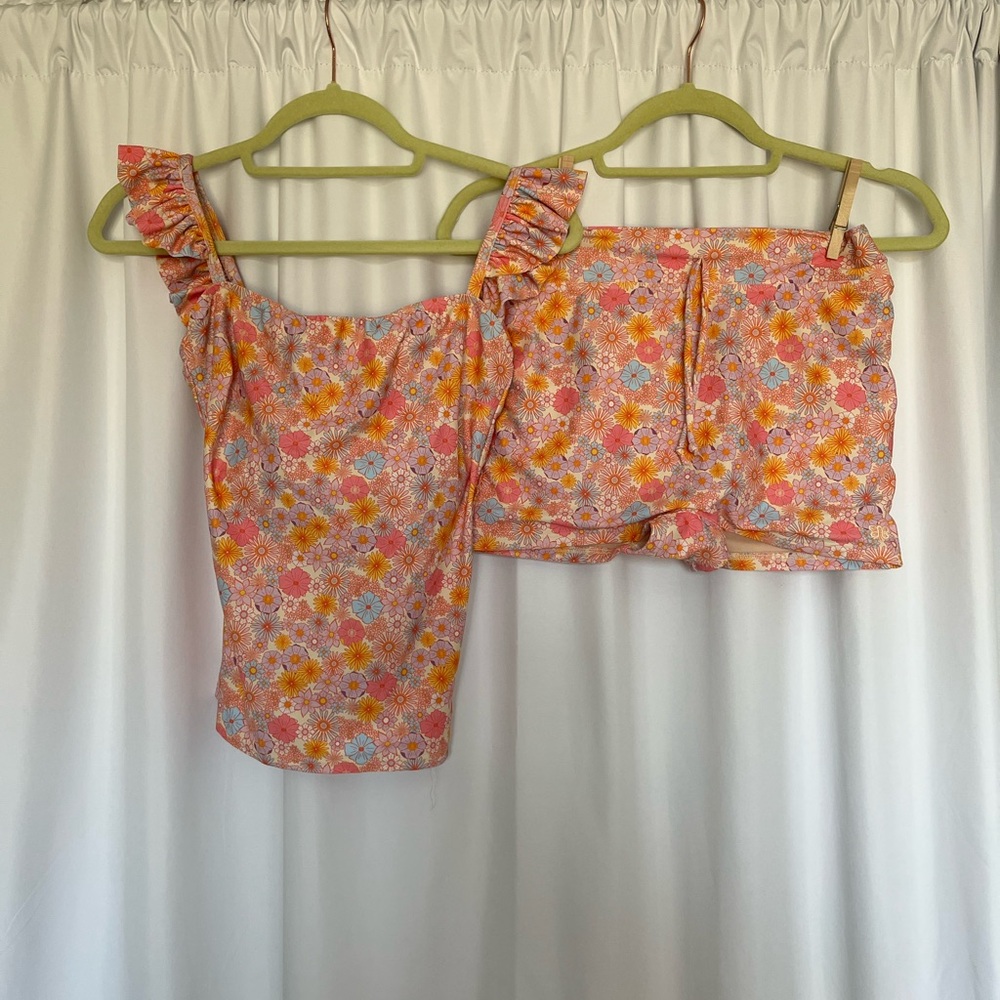 Albion Fit Floral Ruffle Tankini Swim Top and Swim Shorts Set
